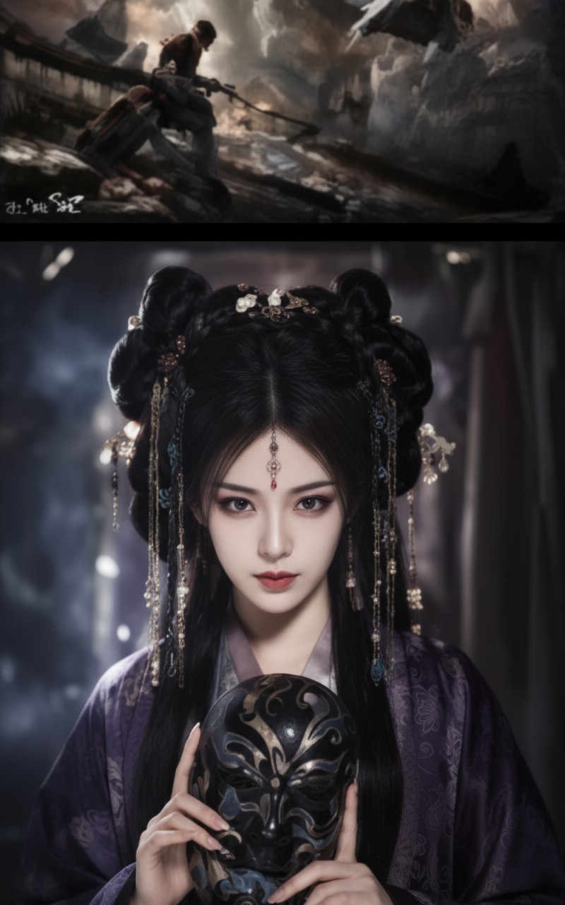 Fantasy portrait with ornate golden headdress and blue gemstones