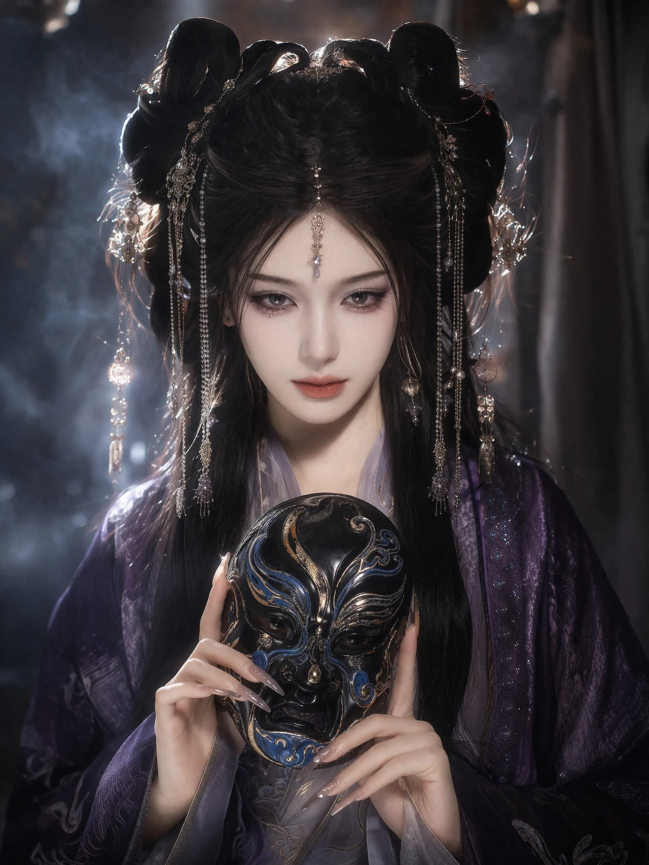 8K cinematic portrait of East Asian woman in dark fantasy hanfu holding ornate Nuo mask
