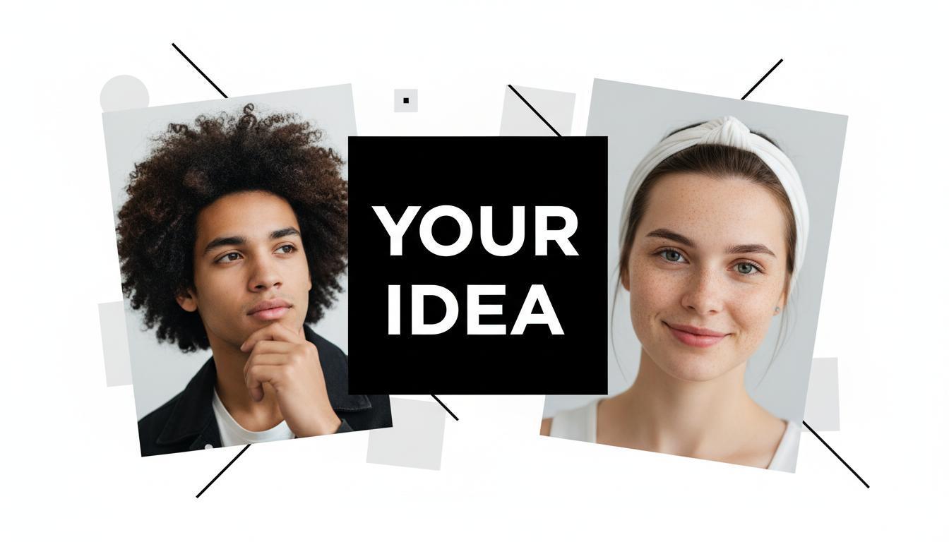 Professional graphic design collage with portrait photos, bold YOUR IDEA typography in black square, modern editorial layout on white background