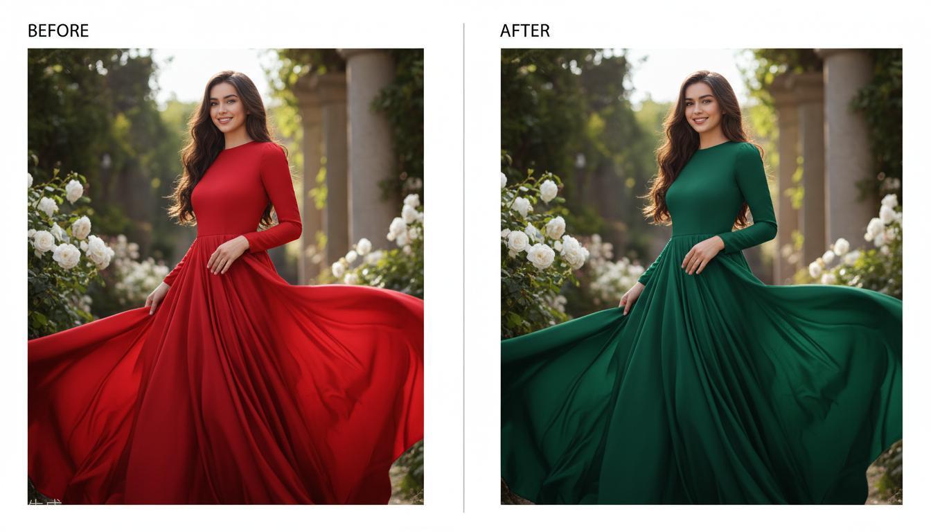 Before and after precision editing demo showing dress color changed from red to emerald green while face remains unchanged