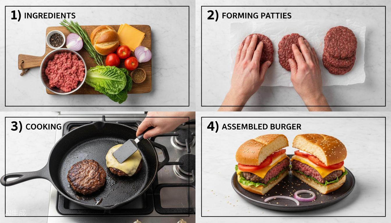 Four-step burger recipe preparation guide showing ingredients, raw patties, cooking in cast iron skillet, and final gourmet burger cross-section