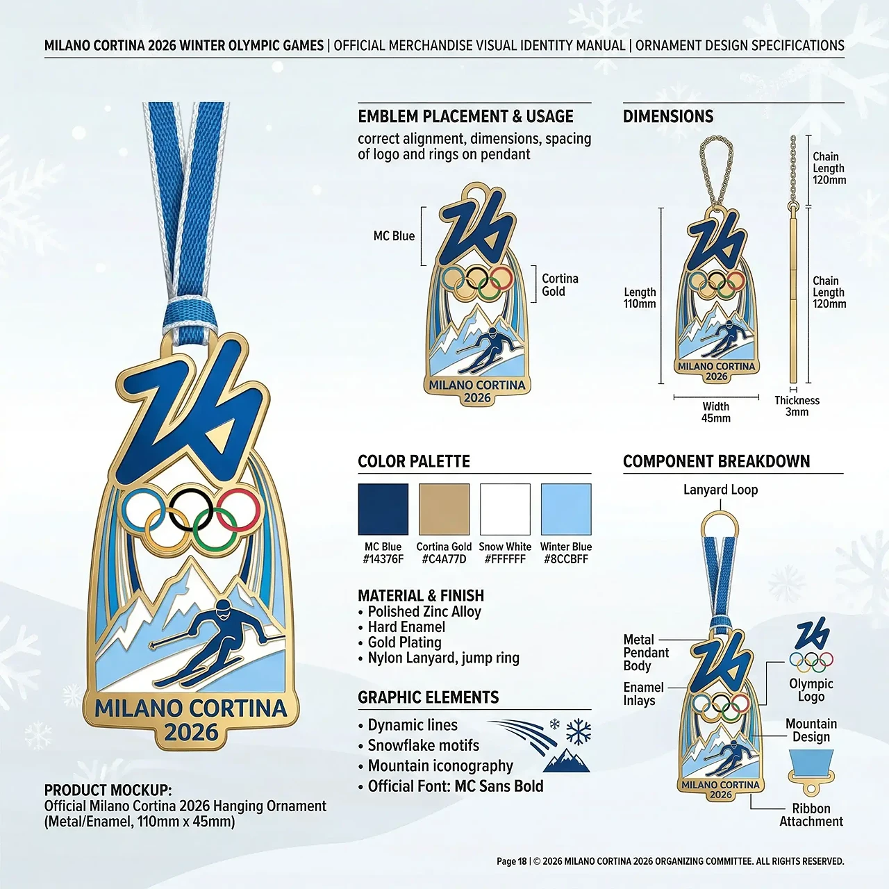 Olympic Games Milano Cortina 2026 medal design sheet showing front, side and back views with navy and gold color palette