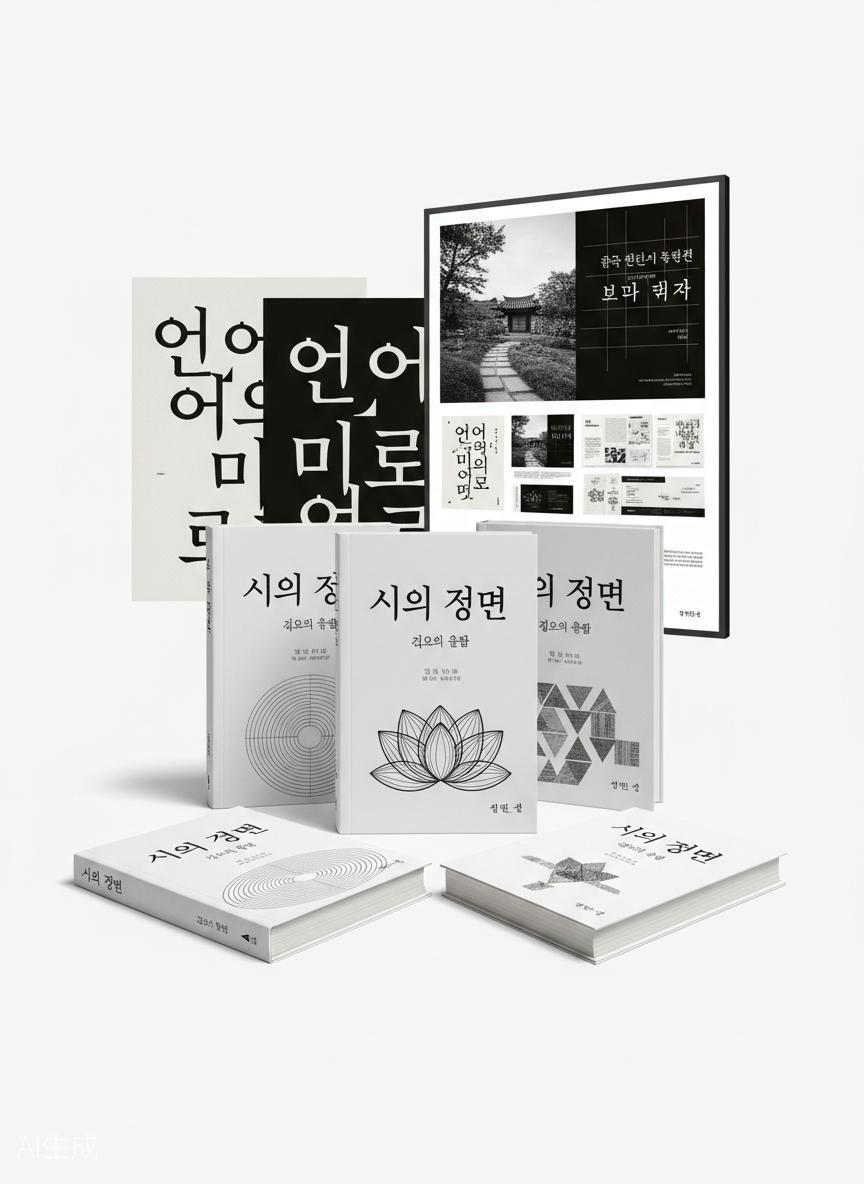 Korean poetry book design mockup with minimalist cover art and typography