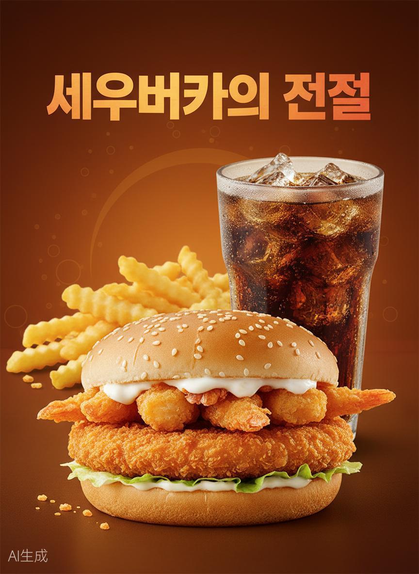 Crispy shrimp burger fast food advertisement with fries and cola