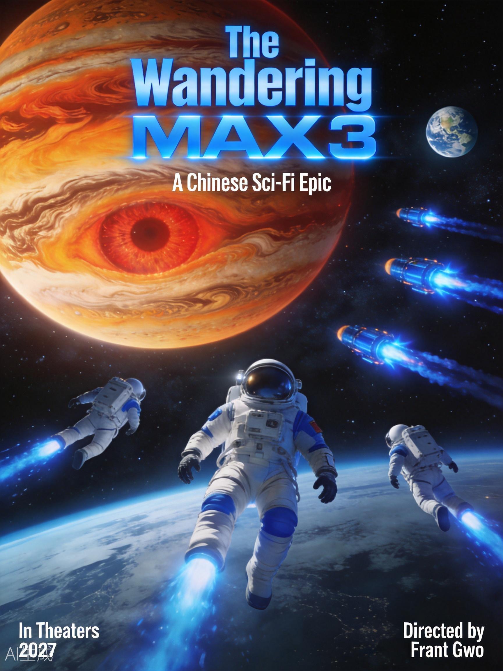 Cinematic sci-fi movie poster for The Wandering Earth 3 showing astronauts against Jupiter backdrop