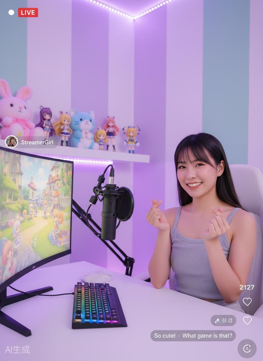 Asian female livestreamer in pastel gaming room with RGB keyboard and plush toys