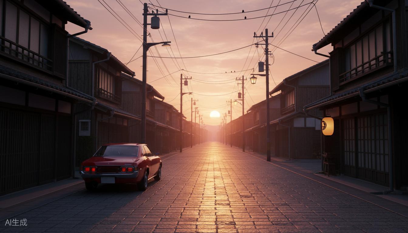 Japanese town sunset street scene with golden hour light and vintage car