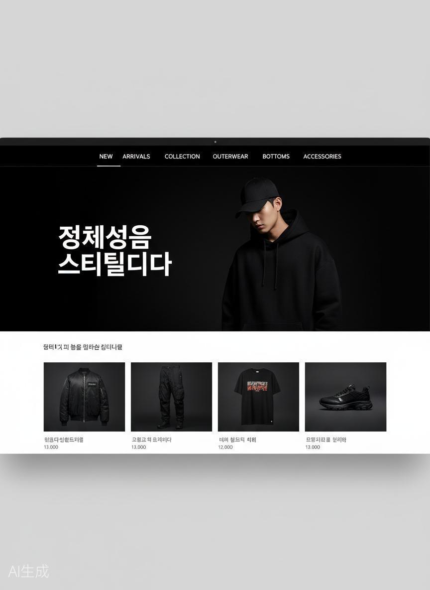 Korean streetwear fashion e-commerce website mockup with dark theme and bold typography