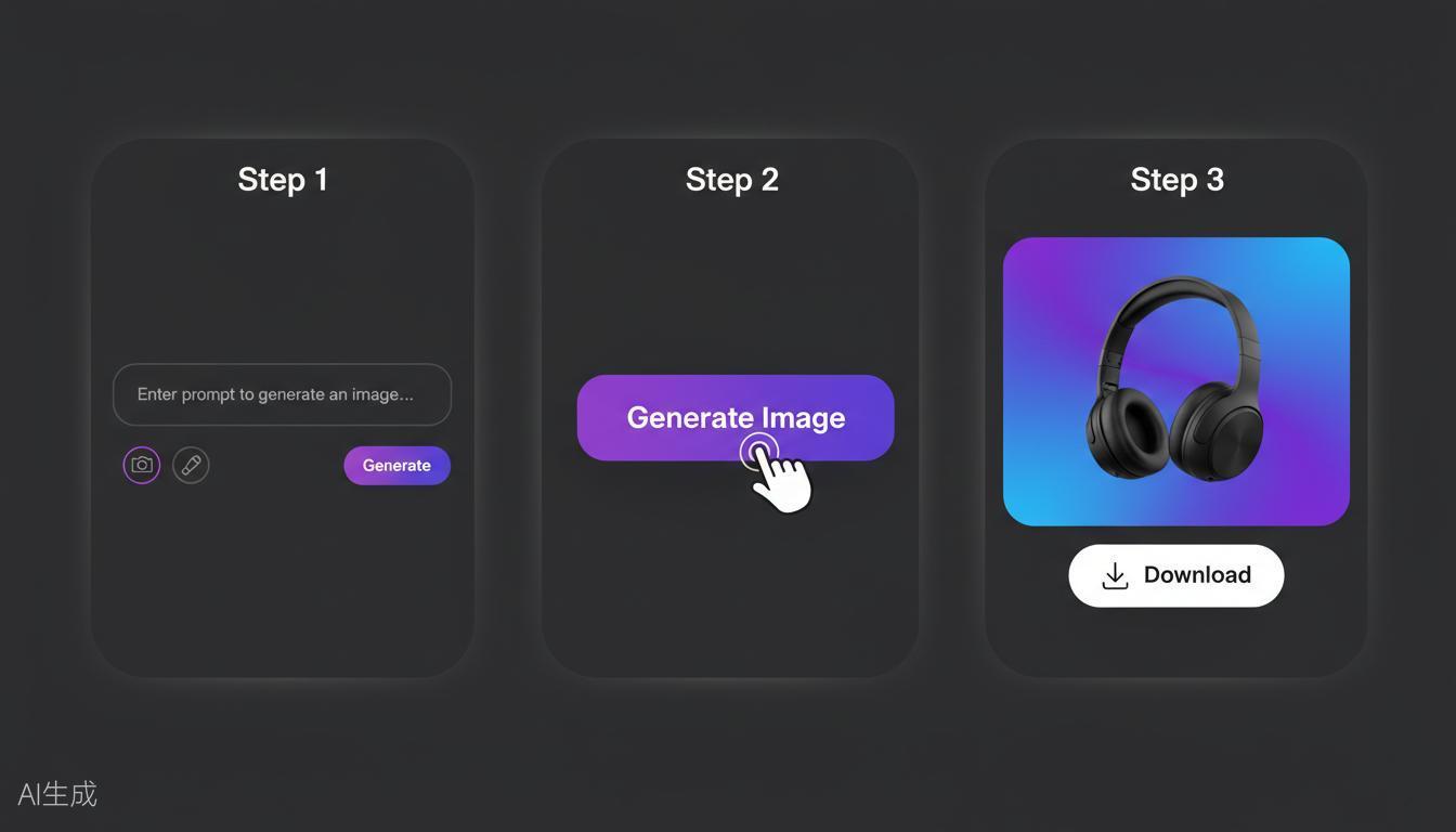 Three-step workflow illustration showing prompt input, generate button click, and final AI generated image of wireless headphones on purple gradient